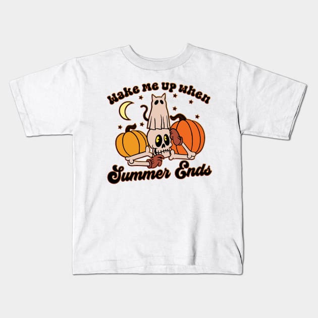 Wake Me Up When Summer Ends Funny Skeleton Halloween Kids T-Shirt by masterpiecesai